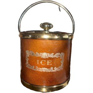 Vintage Kraftware MCM Brown Gold Faux Leather & Goldtone Ice Bucket Barware USA